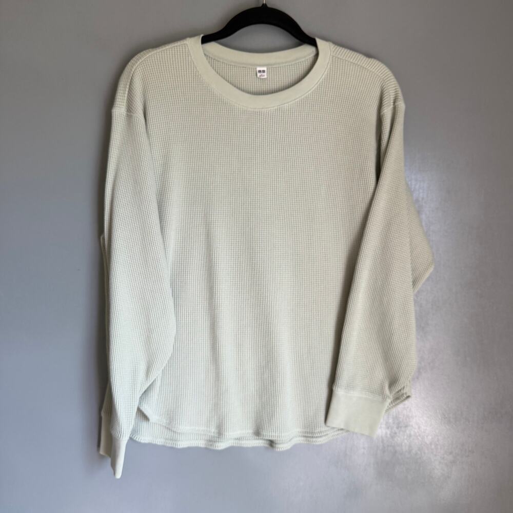 UNIQLO Women's Large Light Sage Green Waffle Knit Long Sleeve Shirt Layers Warm